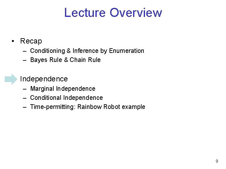 Lecture Overview • Recap – Conditioning & Inference by Enumeration – Bayes Rule &