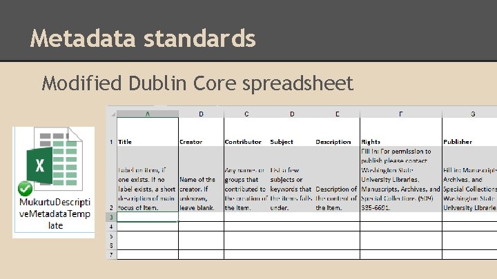 Metadata standards Modified Dublin Core spreadsheet 