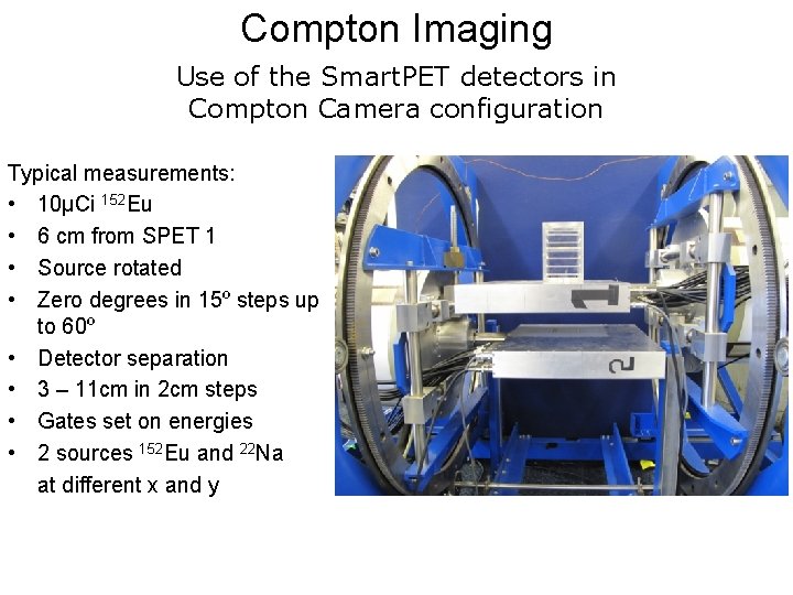 Compton Imaging Use of the Smart. PET detectors in Compton Camera configuration Typical measurements: