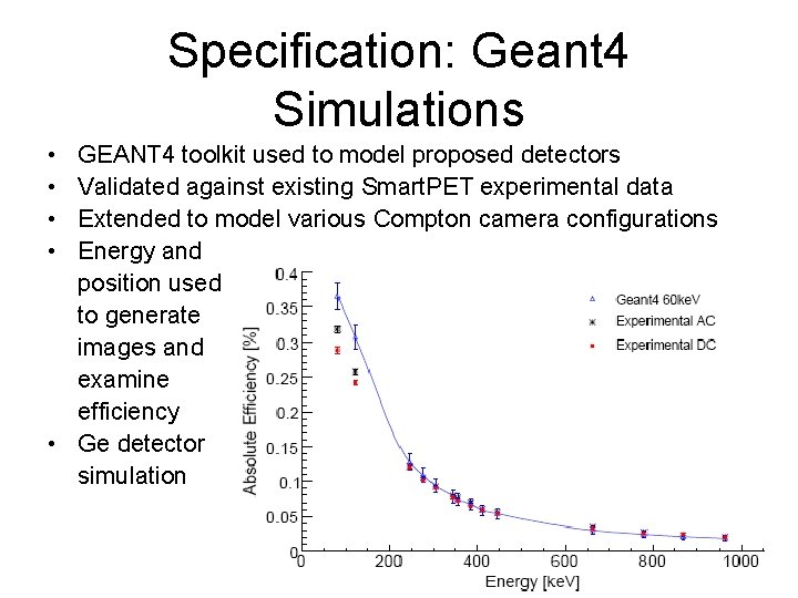 Specification: Geant 4 Simulations • • GEANT 4 toolkit used to model proposed detectors