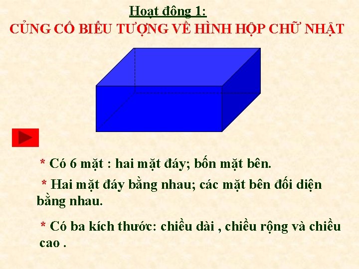 Hoạt đông 1: CỦNG CỐ BIỂU TƯỢNG VỀ HÌNH HỘP CHỮ NHẬT * Có