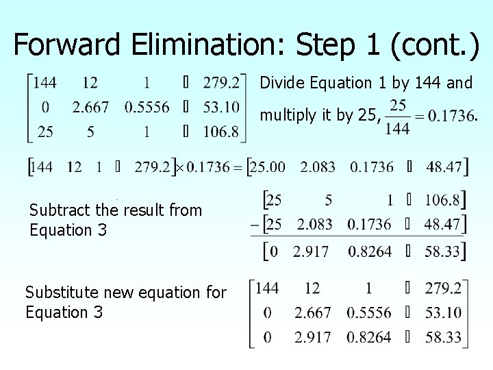 Forward Elimination: Step 1 (cont. ) Divide Equation 1 by 144 and multiply it
