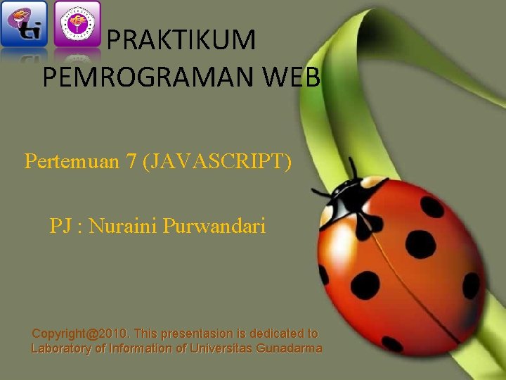 PRAKTIKUM PEMROGRAMAN WEB Pertemuan 7 (JAVASCRIPT) PJ : Nuraini Purwandari Copyright@2010. This presentasion is