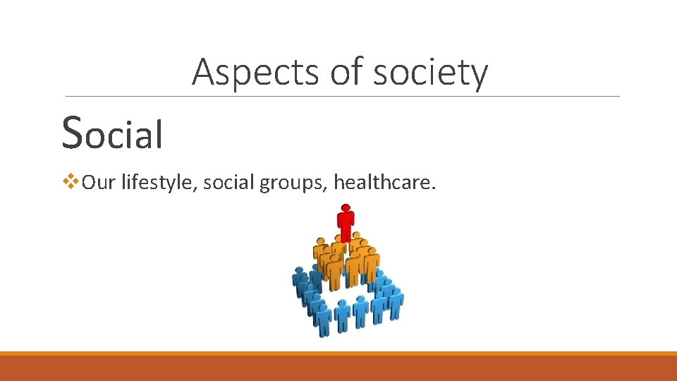 Aspects of society Social v. Our lifestyle, social groups, healthcare. 