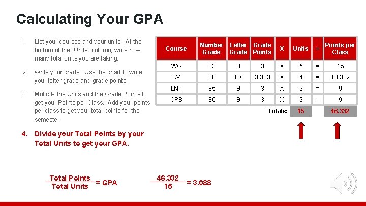 Calculating Your GPA 1. List your courses and your units. At the bottom of