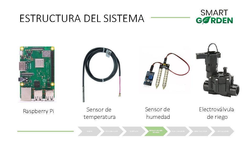 ESTRUCTURA DEL SISTEMA Raspberry Pi INDICE INTRODUCCIÓN Electroválvula de riego Sensor de humedad Sensor