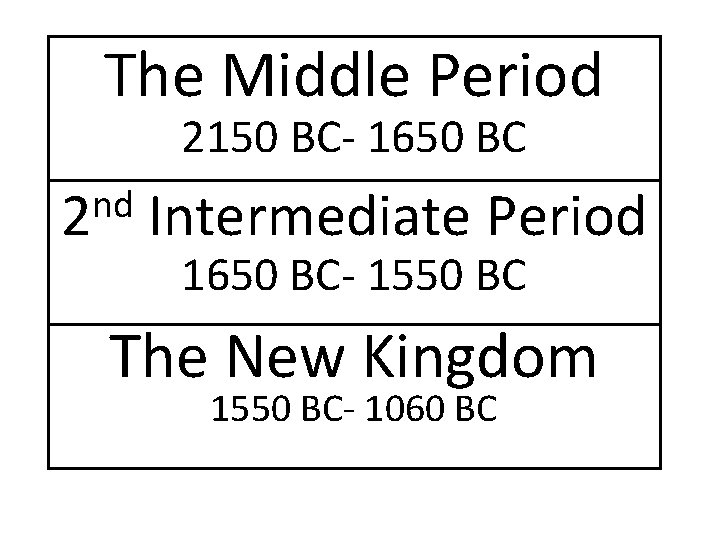The Middle Period 2150 BC- 1650 BC nd 2 Intermediate Period 1650 BC- 1550