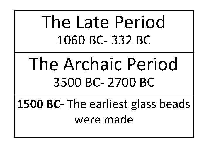 The Late Period 1060 BC- 332 BC The Archaic Period 3500 BC- 2700 BC