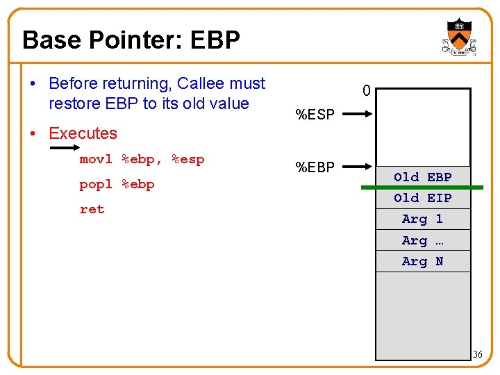 Base Pointer: EBP • Before returning, Callee must restore EBP to its old value