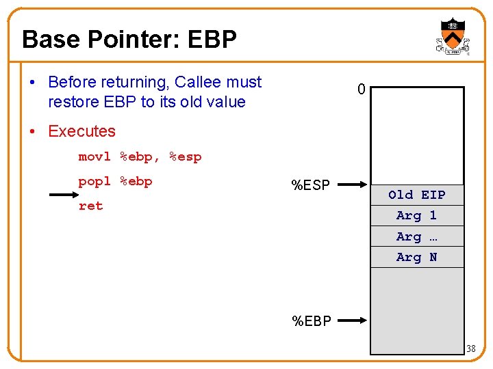 Base Pointer: EBP • Before returning, Callee must restore EBP to its old value