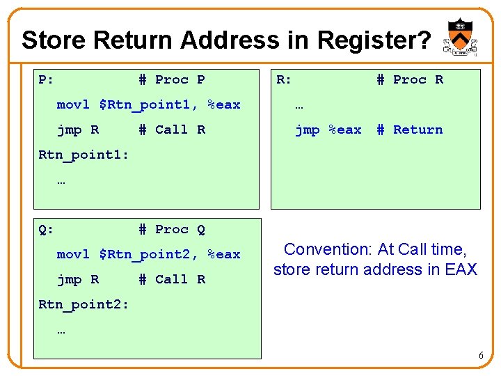 Store Return Address in Register? P: # Proc P R: # Proc R movl