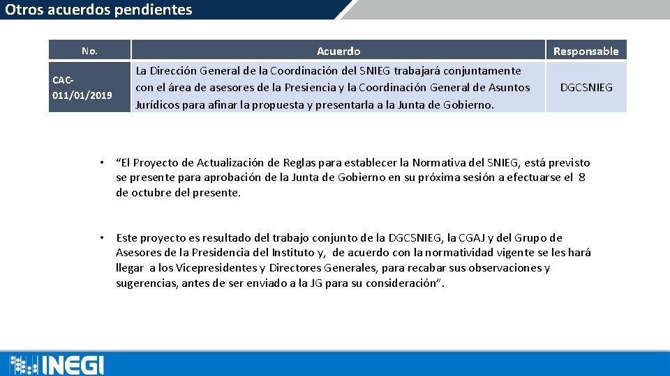 Otros acuerdos pendientes Acuerdo No. CAC 011/01/2019 La Dirección General de la Coordinación del