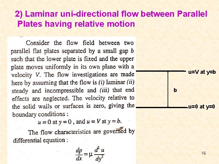 2) Laminar uni-directional flow between Parallel Plates having relative motion u=V at y=b b