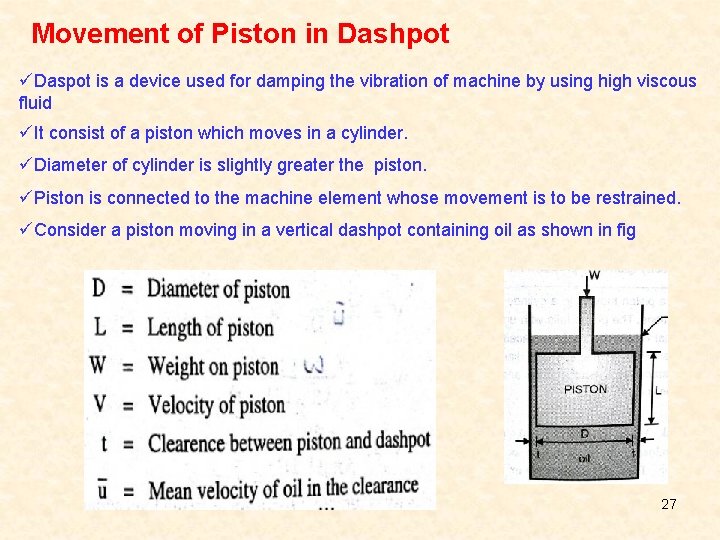Movement of Piston in Dashpot üDaspot is a device used for damping the vibration