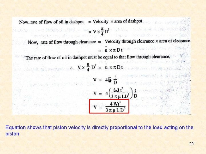 Equation shows that piston velocity is directly proportional to the load acting on the