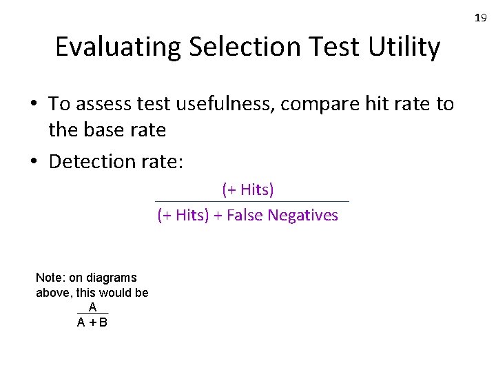 19 Evaluating Selection Test Utility • To assess test usefulness, compare hit rate to