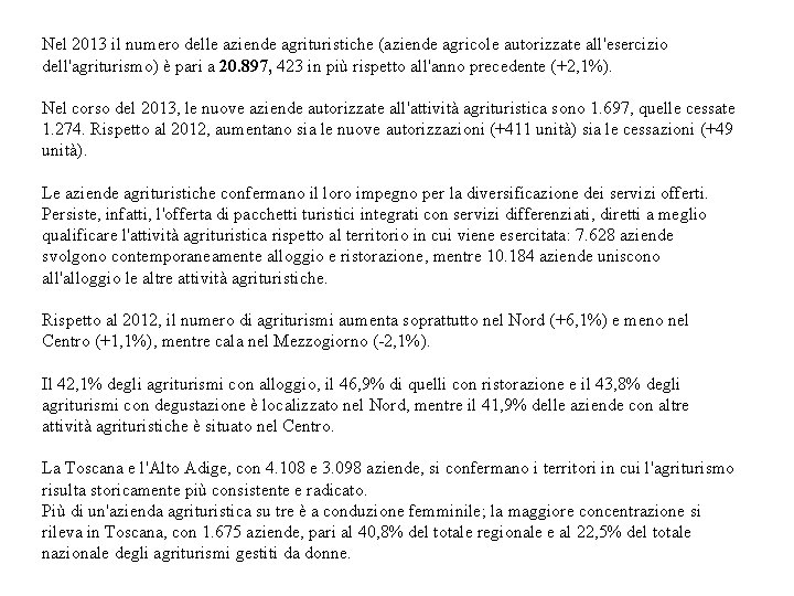 Nel 2013 il numero delle aziende agrituristiche (aziende agricole autorizzate all'esercizio dell'agriturismo) è pari