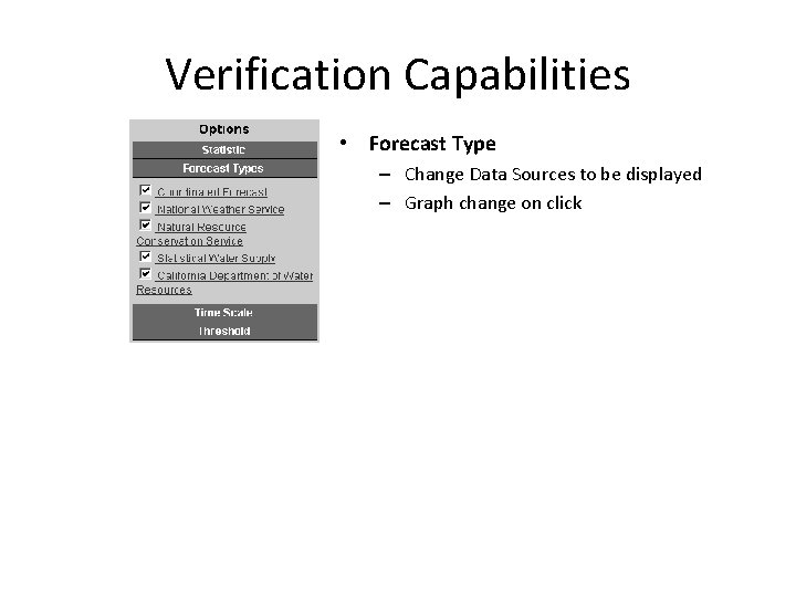 Verification Capabilities • Forecast Type – Change Data Sources to be displayed – Graph Verification Capabilities • Forecast Type – Change Data Sources to be displayed – Graph
