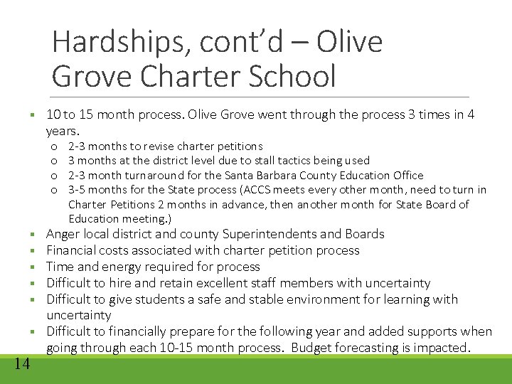 Hardships, cont’d – Olive Grove Charter School § 10 to 15 month process. Olive Hardships, cont’d – Olive Grove Charter School § 10 to 15 month process. Olive