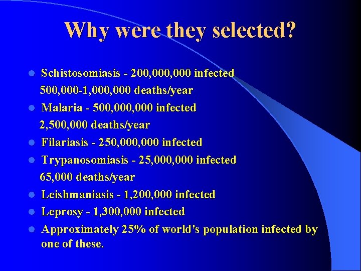 Why were they selected? l l l l Schistosomiasis - 200, 000 infected 500, Why were they selected? l l l l Schistosomiasis - 200, 000 infected 500,