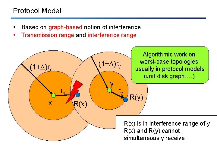 Protocol Model • Based on graph-based notion of interference • Transmission range and interference