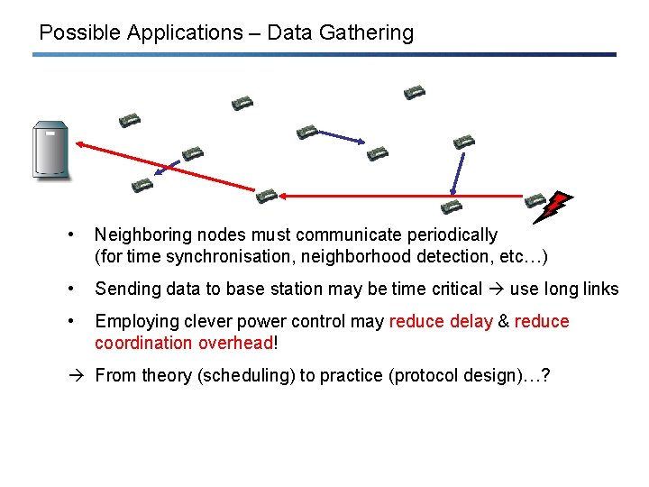 Possible Applications – Data Gathering • Neighboring nodes must communicate periodically (for time synchronisation,