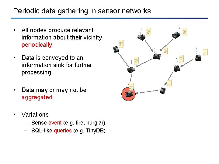 Periodic data gathering in sensor networks • All nodes produce relevant information about their