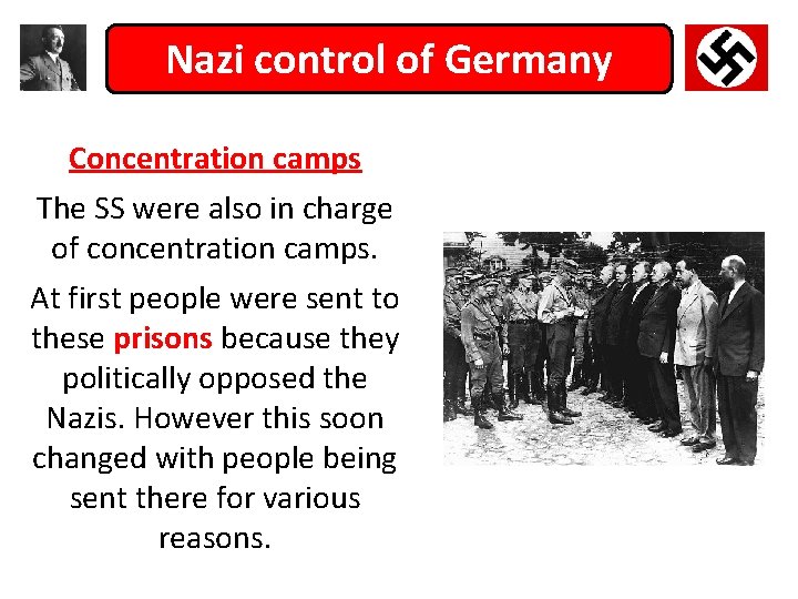 Nazi control of Germany Concentration camps The SS were also in charge of concentration