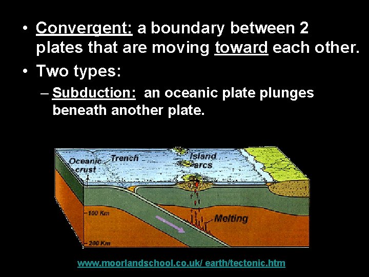  • Convergent: a boundary between 2 plates that are moving toward each other.