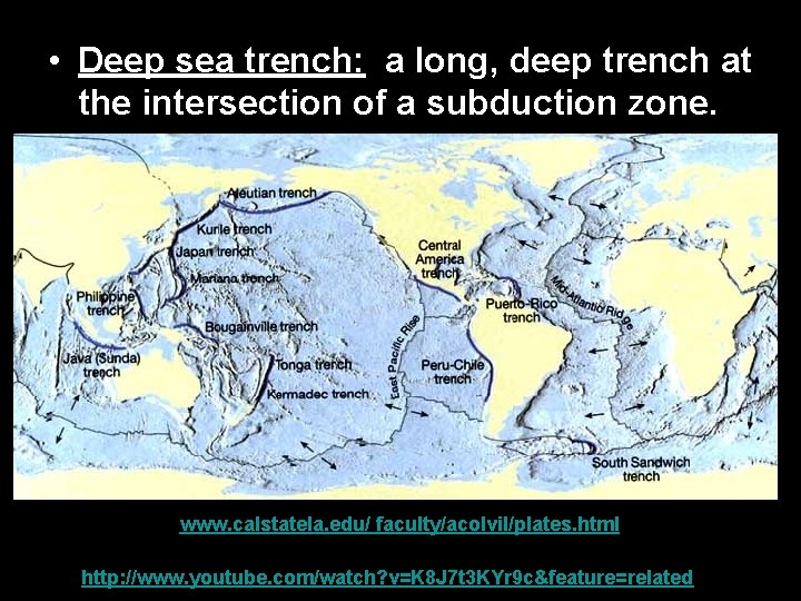  • Deep sea trench: a long, deep trench at the intersection of a