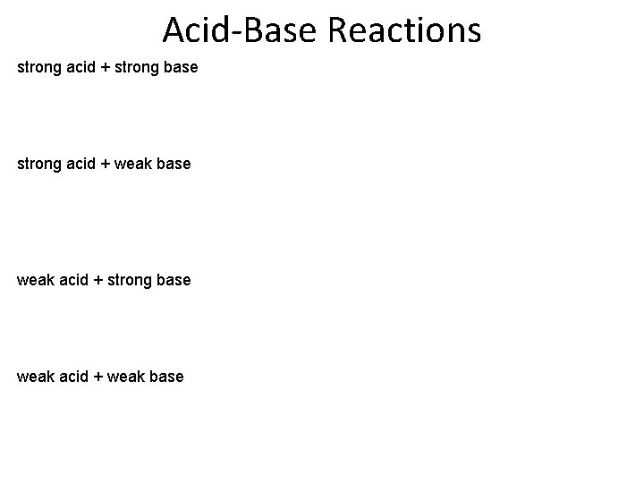 Acid-Base Reactions strong acid + strong base strong acid + weak base weak acid
