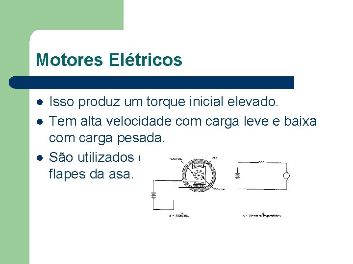 Motores Elétricos l l l Isso produz um torque inicial elevado. Tem alta velocidade