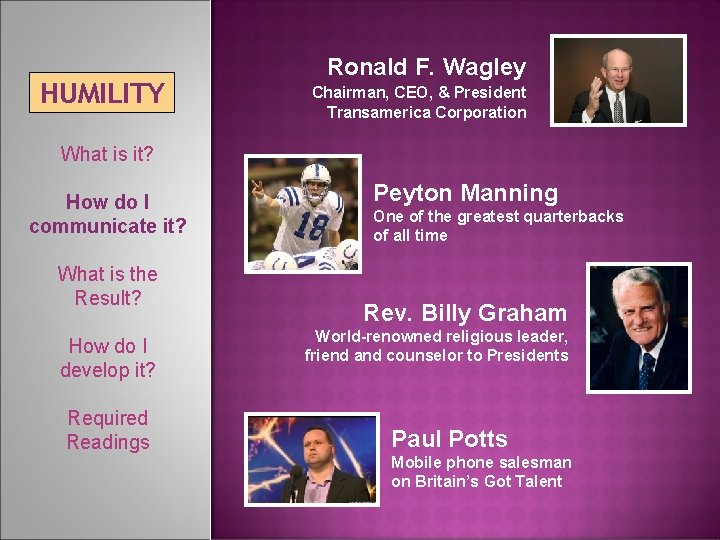 HUMILITY Ronald F. Wagley Chairman, CEO, & President Transamerica Corporation What is it? How