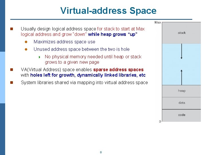 Virtual-address Space n Usually design logical address space for stack to start at Max