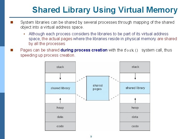 Shared Library Using Virtual Memory n System libraries can be shared by several processes