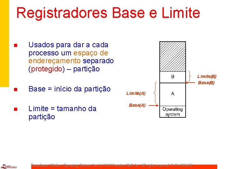 Registradores Base e Limite n Usados para dar a cada processo um espaço de