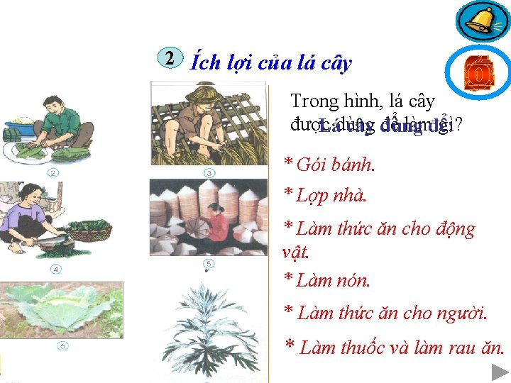 2 Ích lợi của lá cây Trong hình, lá cây được để làmđể: gì?