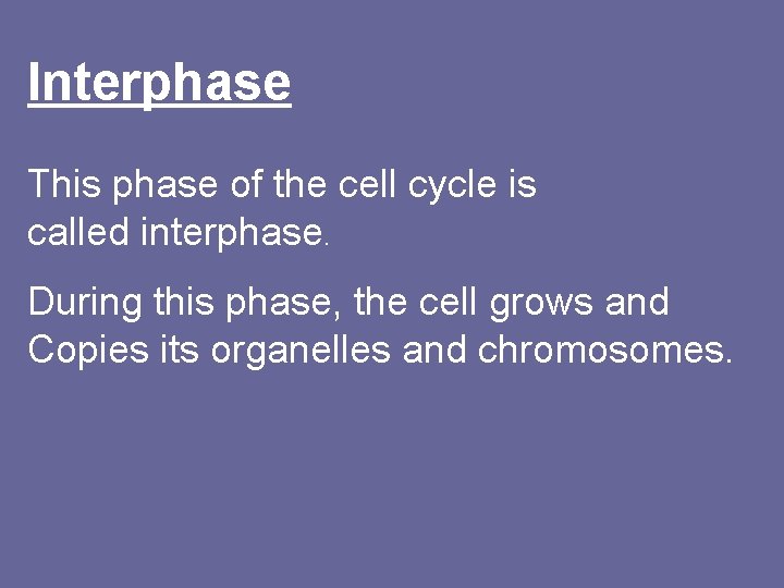 Interphase This phase of the cell cycle is called interphase. During this phase, the