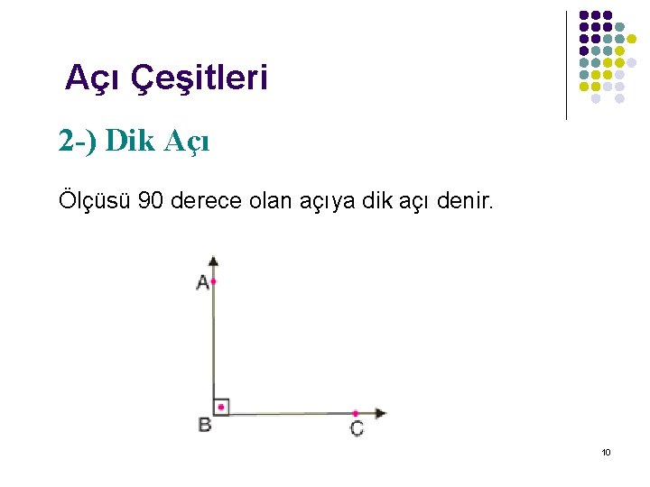 Açı Çeşitleri 2 -) Dik Açı Ölçüsü 90 derece olan açıya dik açı denir.