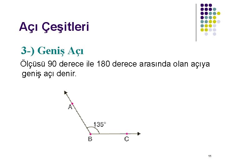 Açı Çeşitleri 3 -) Geniş Açı Ölçüsü 90 derece ile 180 derece arasında olan