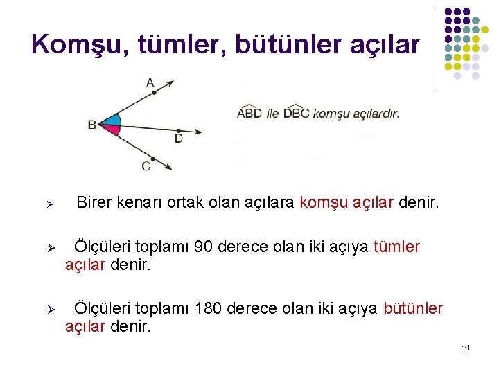 Komşu, tümler, bütünler açılar Ø Birer kenarı ortak olan açılara komşu açılar denir. Ø