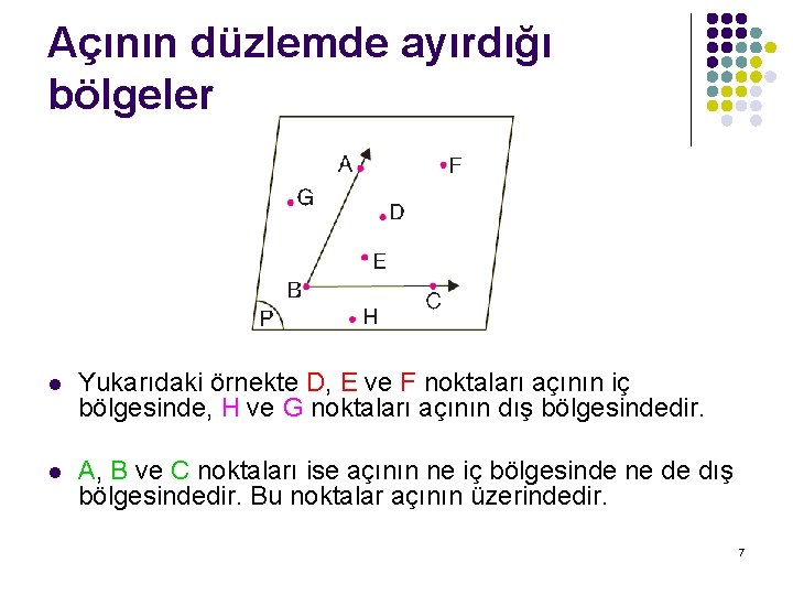 Açının düzlemde ayırdığı bölgeler l Yukarıdaki örnekte D, E ve F noktaları açının iç