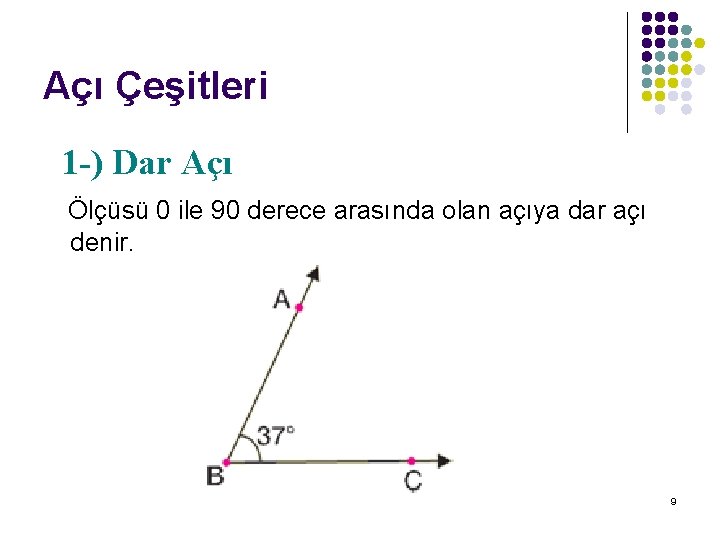 Açı Çeşitleri 1 -) Dar Açı Ölçüsü 0 ile 90 derece arasında olan açıya