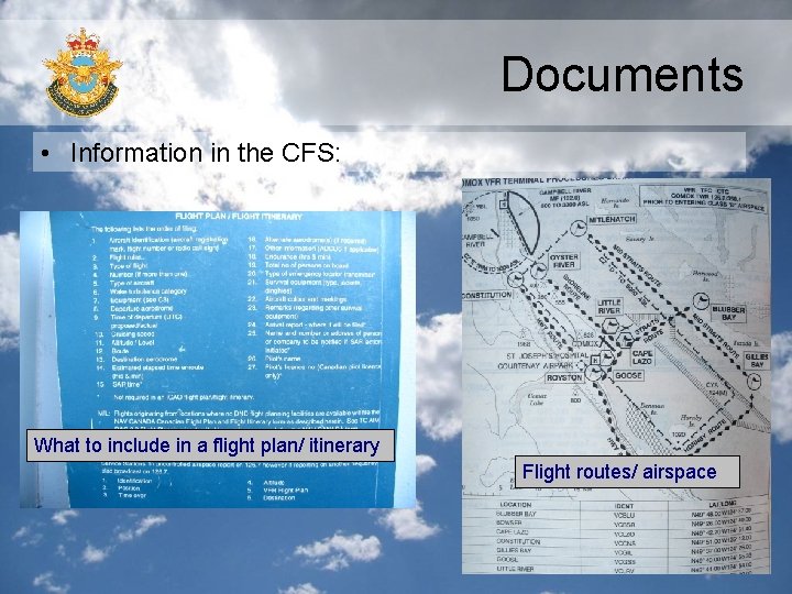 Documents • Information in the CFS: What to include in a flight plan/ itinerary