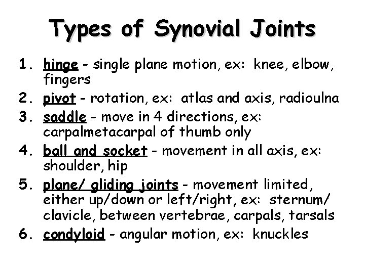 Types of Synovial Joints 1. hinge - single plane motion, ex: knee, elbow, fingers