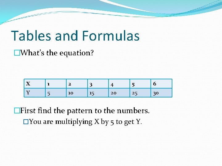 Tables and Formulas �What’s the equation? X 1 2 3 4 5 6 Y