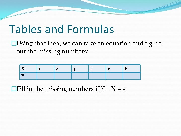 Tables and Formulas �Using that idea, we can take an equation and figure out