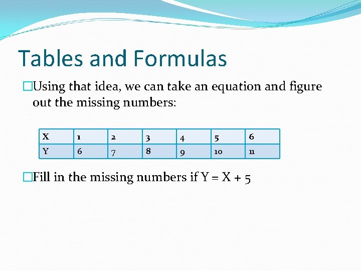 Tables and Formulas �Using that idea, we can take an equation and figure out