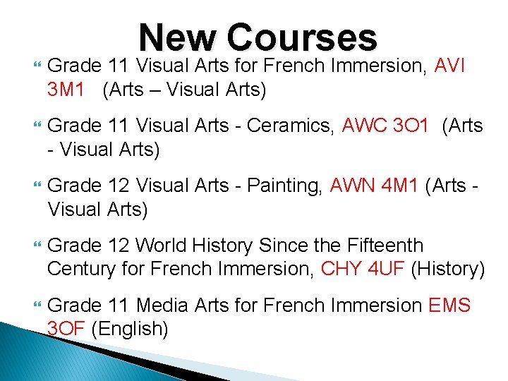 New Courses Grade 11 Visual Arts for French Immersion, AVI 3 M 1 (Arts