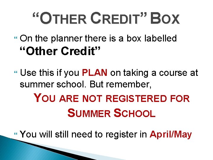 “OTHER CREDIT” BOX On the planner there is a box labelled “Other Credit” Use